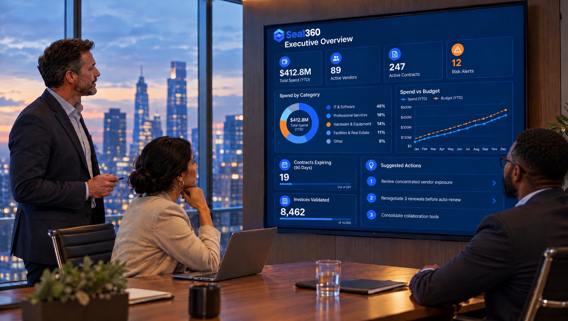 Leadership team reviewing the Seal360 executive overview in a boardroom